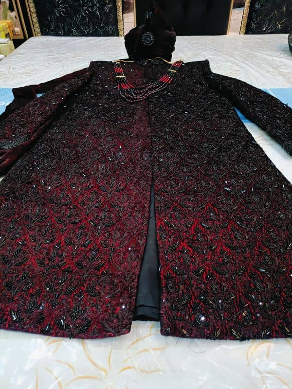 Dual Tone Velvet Sherwani With Turban, Mala and Khusa 5