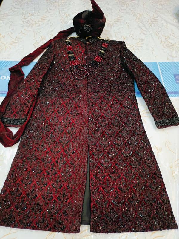 Dual Tone Velvet Sherwani With Turban, Mala and Khusa 6