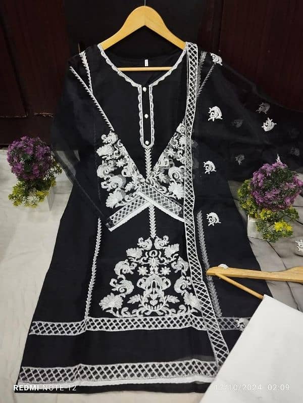 3 pcs women's stitched organza embroidered suits 1