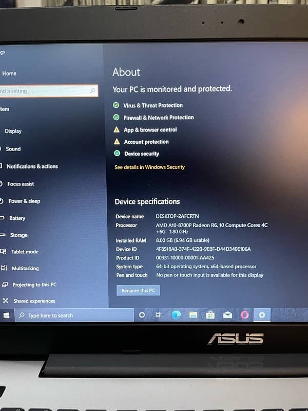 ASUS Office/Gaming Laptop AMD 10 core 4Cpu+6Gpu 8gb Ram 256gb ssd 7