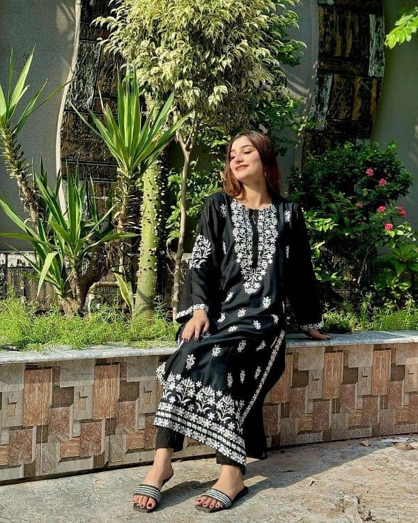 Elegant Black Linen Chikankari Embroidered Shirt for Women 3