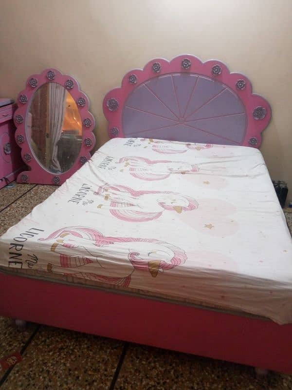 Kids bed with mattress, Mirror & Rack for kids room. 1