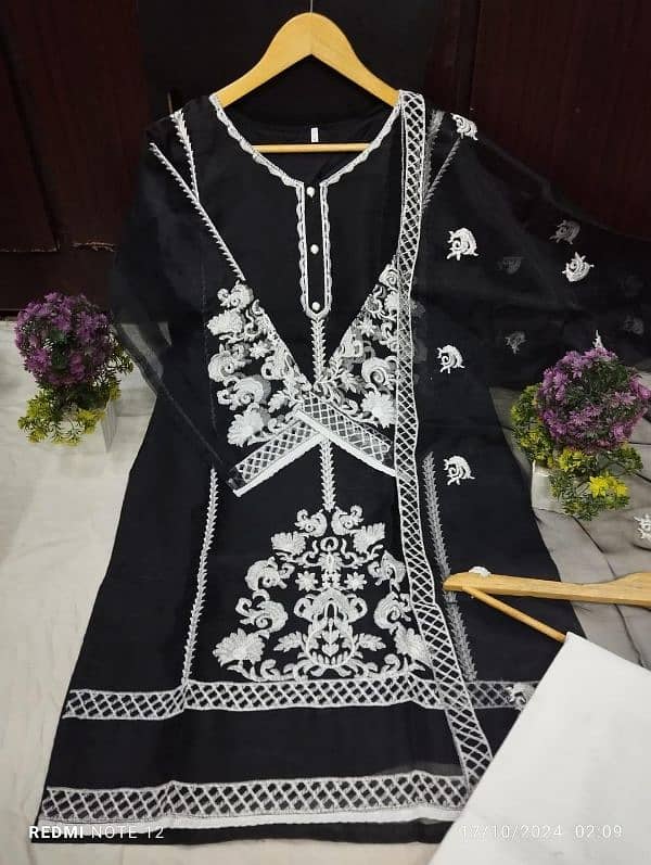 3 pcs women's stitches organza embroidered suit 1