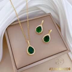 Stunning Green Gemstone Teardrop Pendant Set - 3 Pcs Gold Plated Eleg