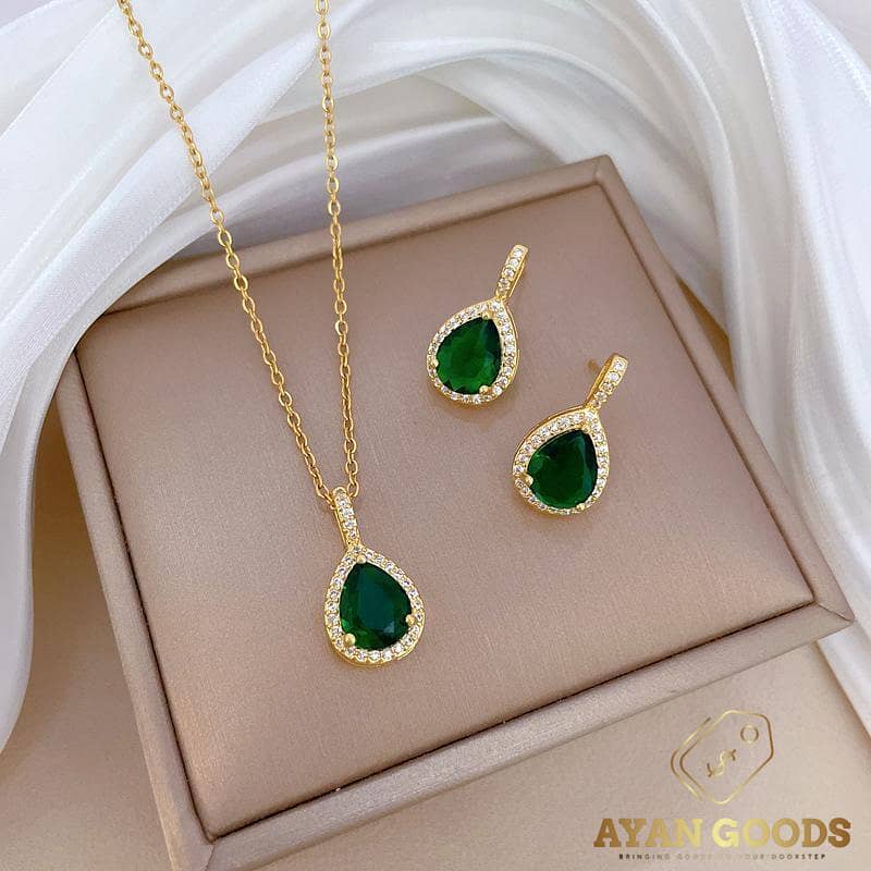 Stunning Green Gemstone Teardrop Pendant Set - 3 Pcs Gold Plated Eleg 0