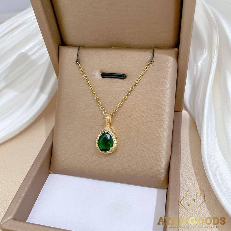 Stunning Green Gemstone Teardrop Pendant Set - 3 Pcs Gold Plated Eleg 3