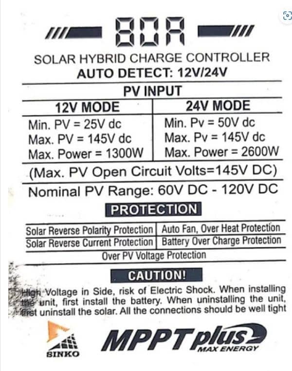 Sinko 80A Hybrid MPPT Solar Charge Controller 12V/24V 7