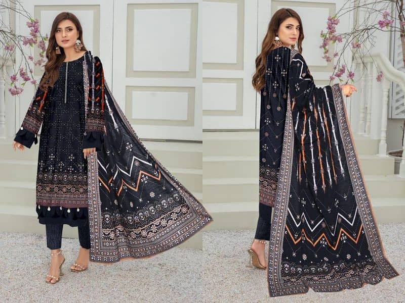 3 Pcs Women's Unstitched Khaddar Printed Suit 0