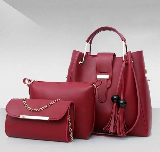 chic women,s leather hand bag set -3 pcs in maroon color 0