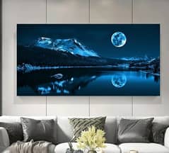 Blue Mountainous Night Landscape Canvas Print, Moon Reflection on Lake