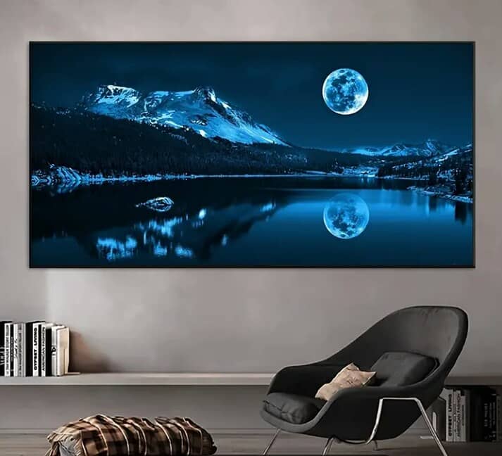 Blue Mountainous Night Landscape Canvas Print, Moon Reflection on Lake 1