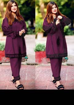 2 Pcs Women's Stitched Linen Embroidered Shirt And Trouser