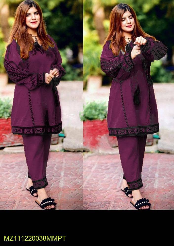 2 Pcs Women's Stitched Linen Embroidered Shirt And Trouser 2