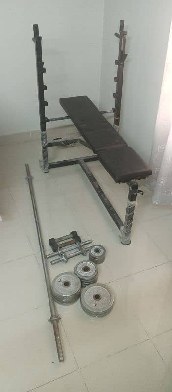 Weight plates, bench, dumbbell rods, barbell for sale 1