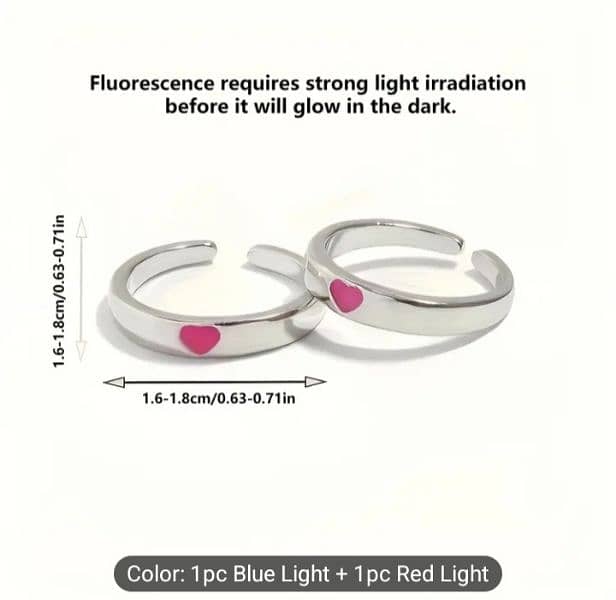 Glow-in-the-Dark Heart Adjustable Rings for Couples - 2pcs,Casual Wear 4