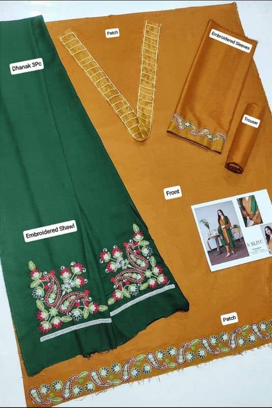 3 Pcs women's unstitched Dhanak patch work suit 1