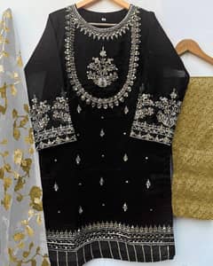 Exquisite black Embroidered Organza suit -3 Pcs for women