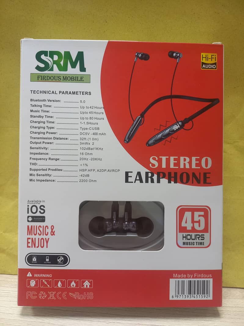 SRM Wireless Stereo Earphones Neckband with 45 Hours Talk/Music Time 1