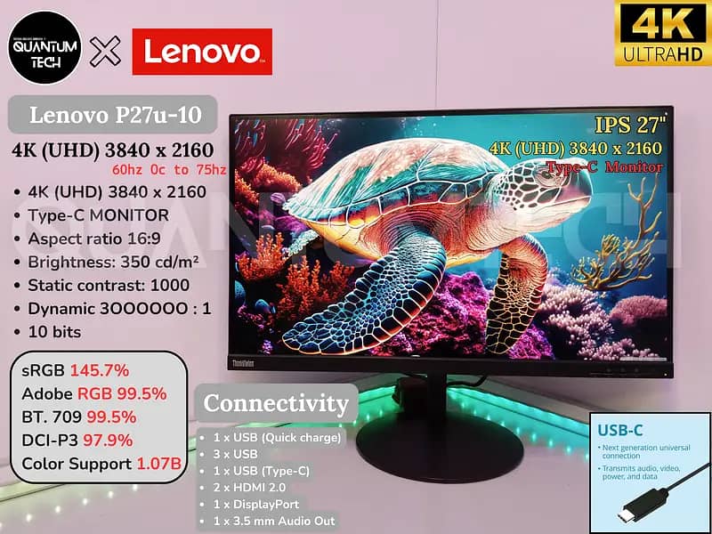 27inch 4k 10bit sRGB 145.7% Type C Lenovo ThinkVision P27u-10 Monitor 0