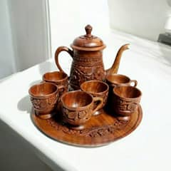 Hand Carved Wooden Tea Set