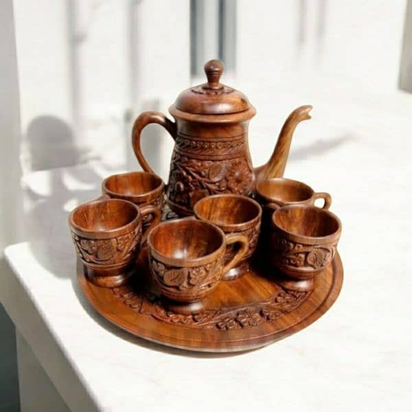 Hand Carved Wooden Tea Set 2