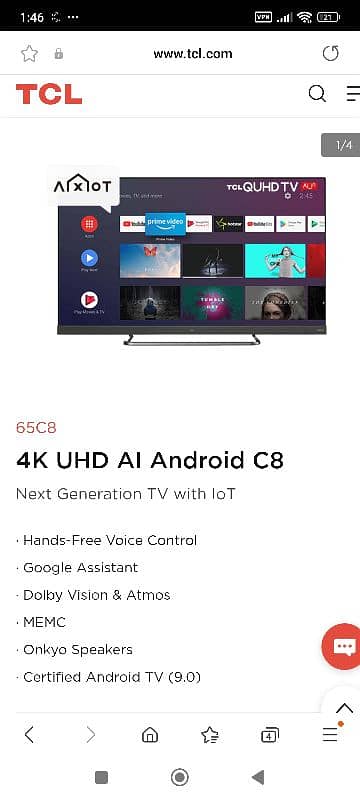 65 inch TCL LED Google TV (C8 model) with Onkoyo Sound Bar 2