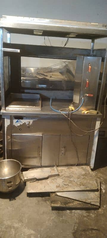 shawarma counter with hot plate// pizza oven// dough mixer// food bags 0