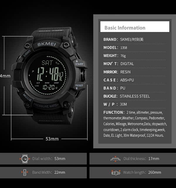 SKMEI Tactical Watch With Pedometer, Barometer, Thermometer, Altimeter 14