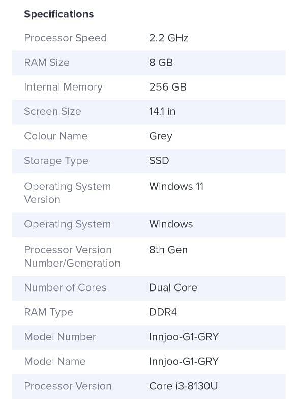 innjoo G1 core i3 8th generation ram8 DDR rom 256 SSD ksa brand 7