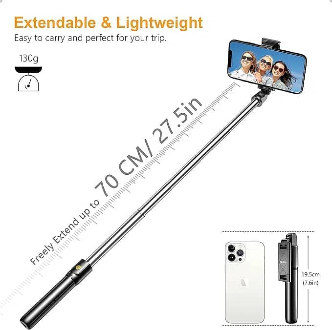 Gritin 3 in 1 Bluetooth Tripod, Extendable and Portable Selfie Stick 0