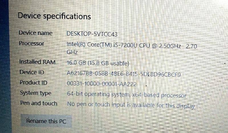 Dell Core i5 7th Generation 16gb Ram 256gb SSD hard 15.6 inch display 4