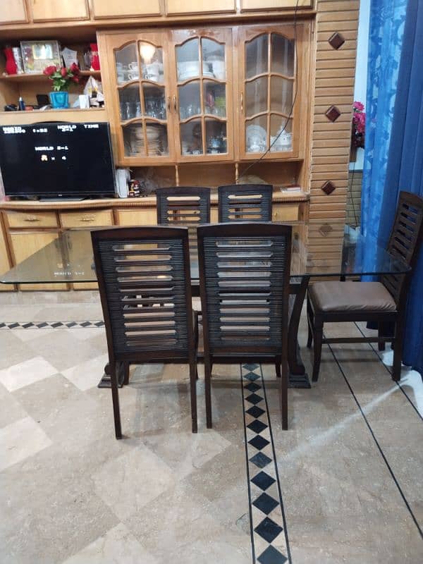 Wooden Dining Table glass top with 6 chairs , 0