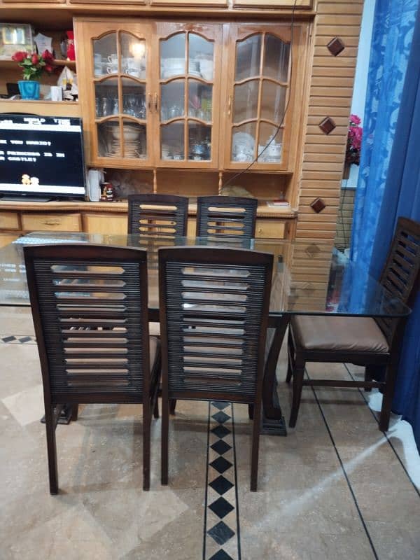 Wooden Dining Table glass top with 6 chairs , 1