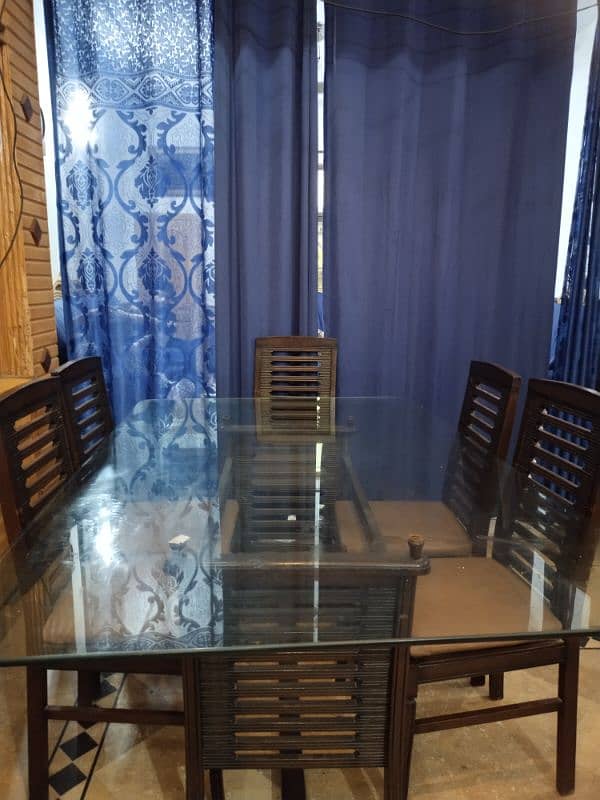 Wooden Dining Table glass top with 6 chairs , 3