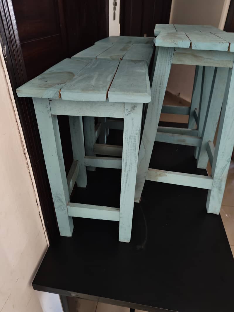 Two Study Tables (wood top) and 5 stools (wood) 2