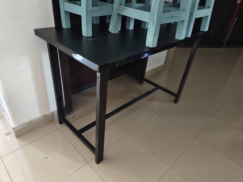 Two Study Tables (wood top) and 5 stools (wood) 4