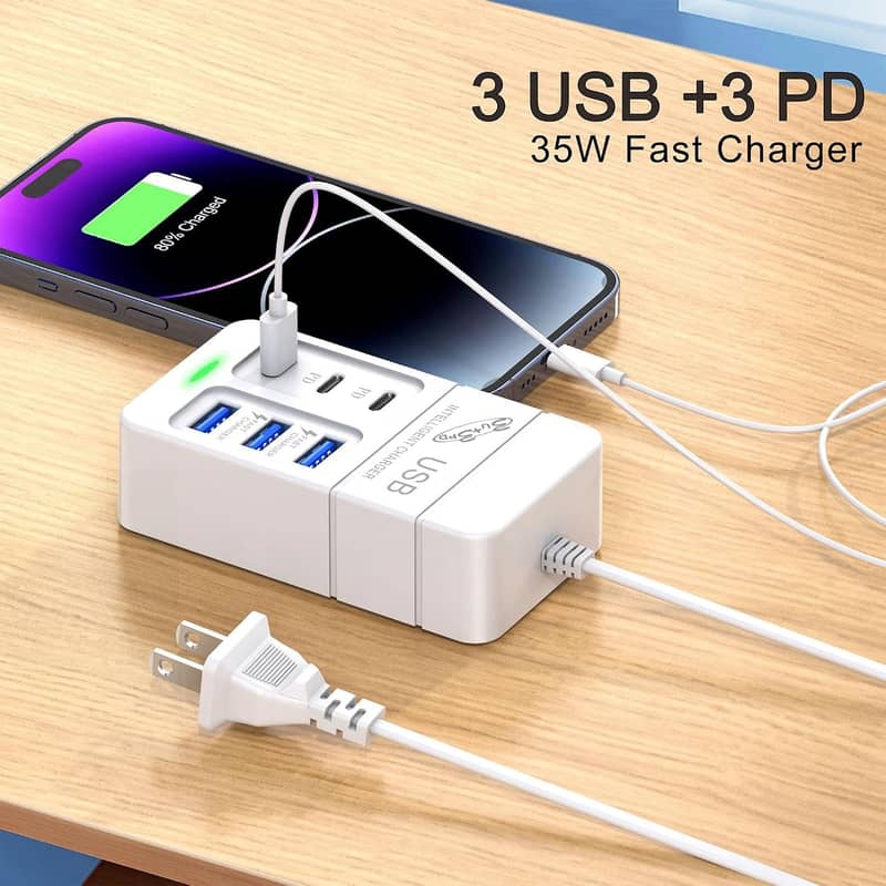 USB Charging Station 35w3A 3 Port USB + 3 type C PD Charger, Multiport 0