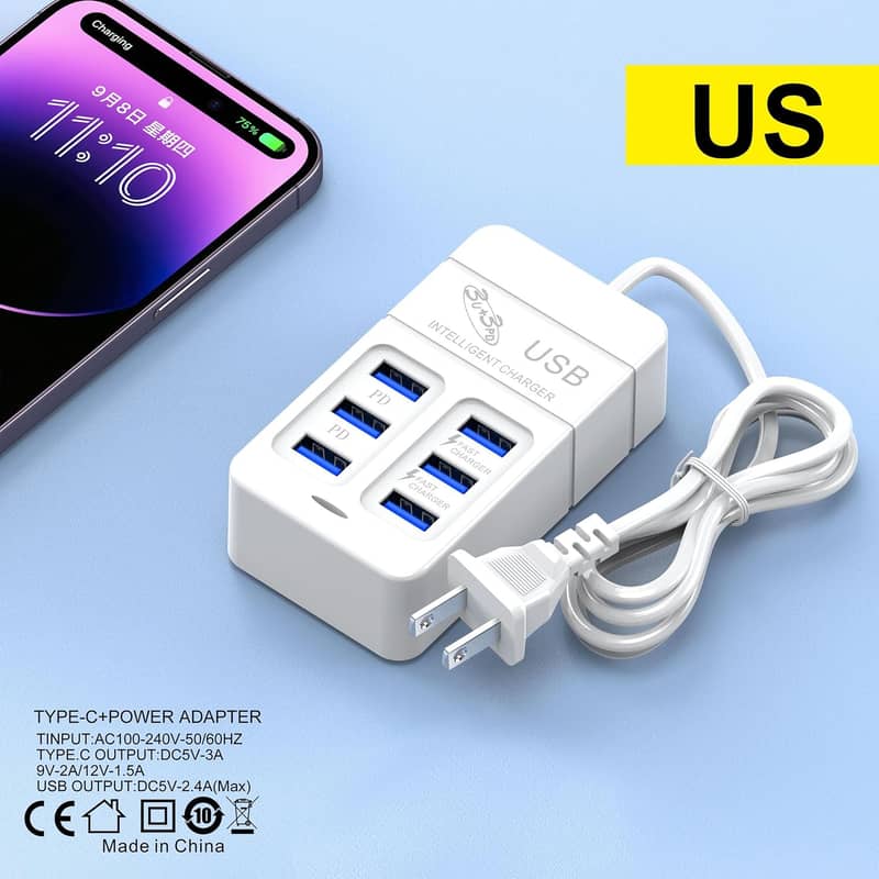 USB Charging Station 35w3A 3 Port USB + 3 type C PD Charger, Multiport 1