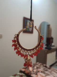 Golden Red Chandbali Earrings with Beaded Details