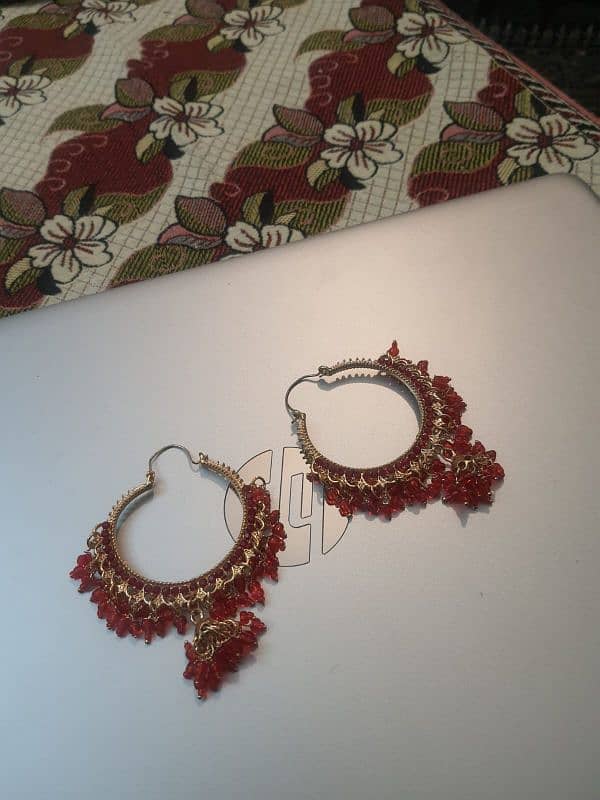 Golden Red Chandbali Earrings with Beaded Details 1