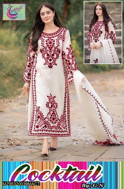 3 Pcs women’s stitched organza embroidered suit 1