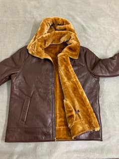 Men leather shearling Coat , Brown sheepskin Coat with fur cap