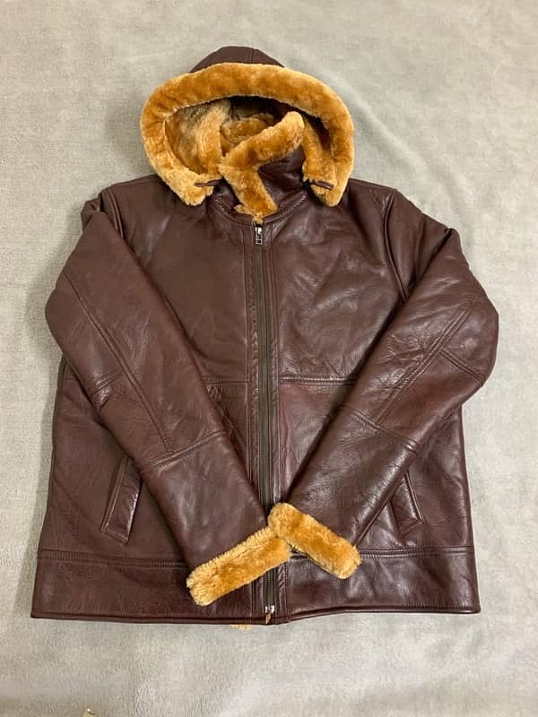 Men leather shearling Coat , Brown sheepskin Coat with fur cap 1