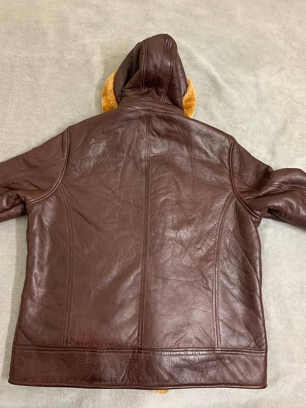 Men leather shearling Coat , Brown sheepskin Coat with fur cap 2