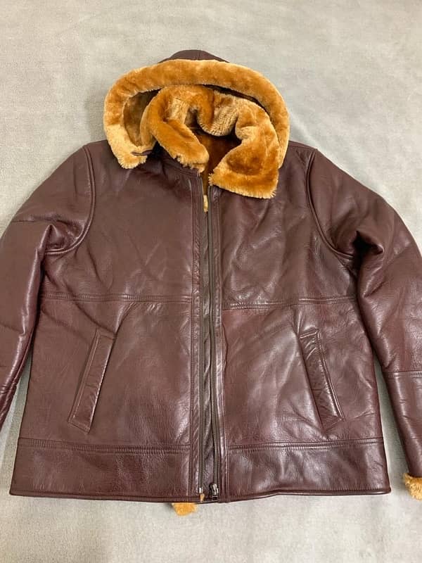 Men leather shearling Coat , Brown sheepskin Coat with fur cap 3