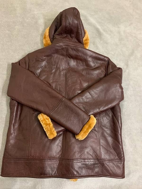 Men leather shearling Coat , Brown sheepskin Coat with fur cap 4