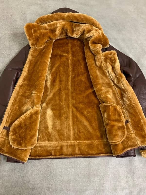 Men leather shearling Coat , Brown sheepskin Coat with fur cap 5