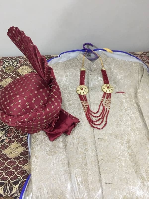 Embroidered Sherwani + Qulla + Maala + match fabric shoes for sale 3