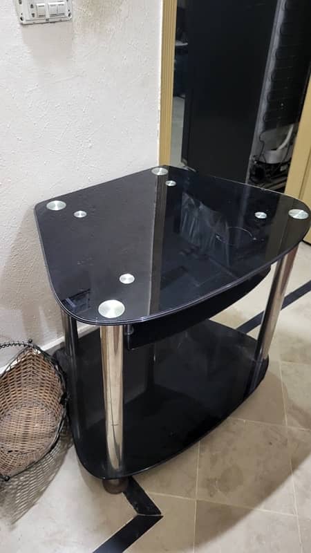 tv table glass black with thick steel pipes 0