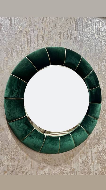 modern wooden frame mirror in emerald green colour with brass strips 1